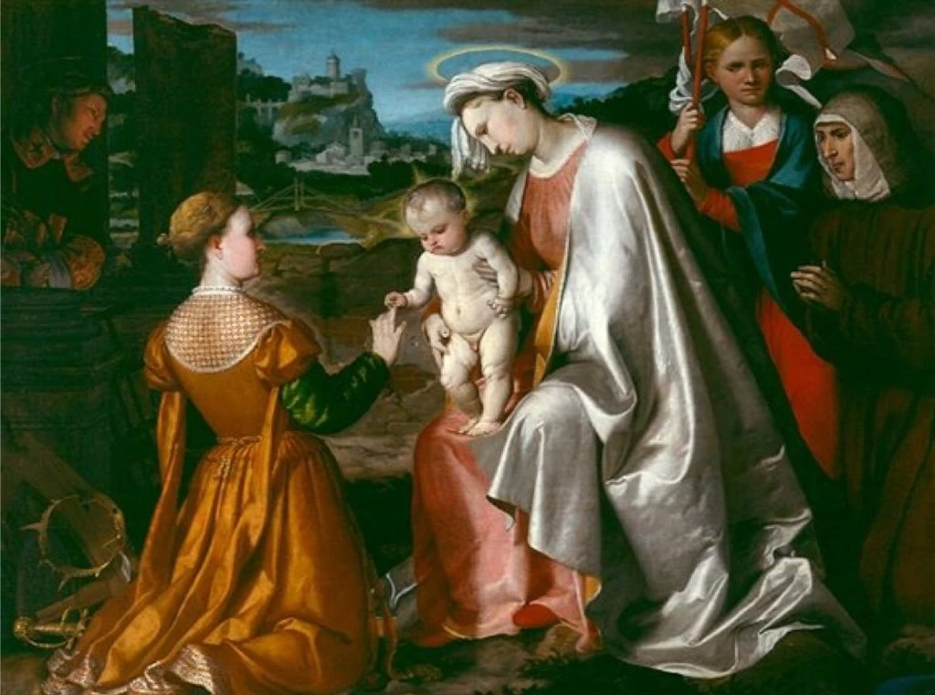 Il Romanino-187-Matrimonio mistico di santa Caterina con Lorenzo, Orsola e Angela Merici-Museo di Memphis